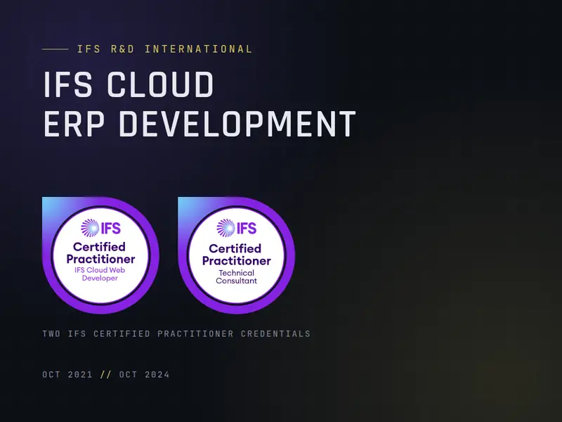 IFS Cloud ERP Development title card with the two IFS Certified Practitioner badges